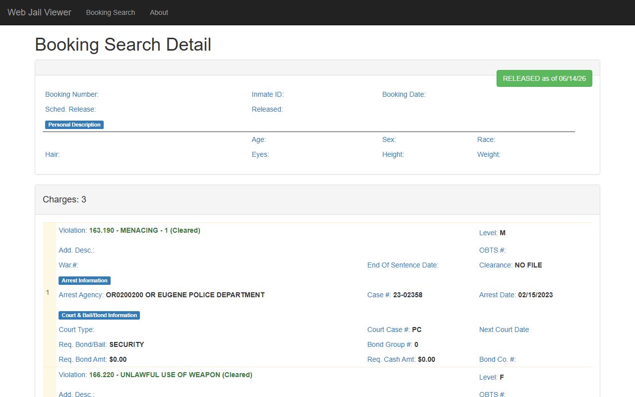 Lane County sample booking detail with charges and bond fields