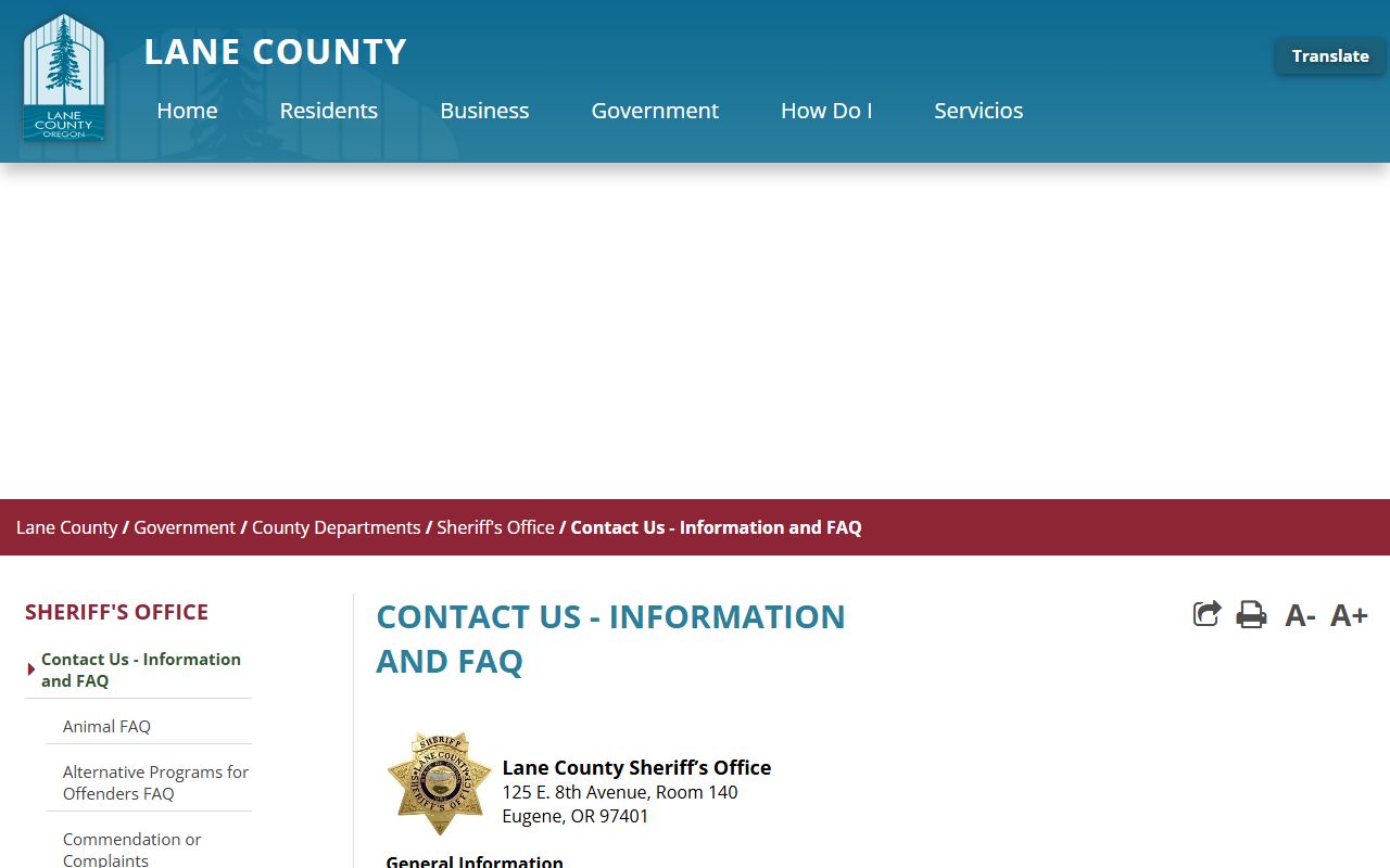 Lane County Sheriff FAQ with police records and civil process contacts