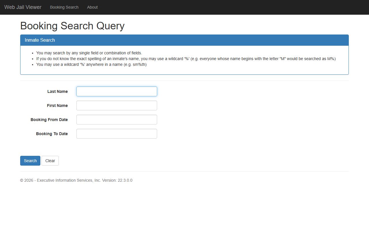 Lane County Web Jail Viewer search page for booking charges