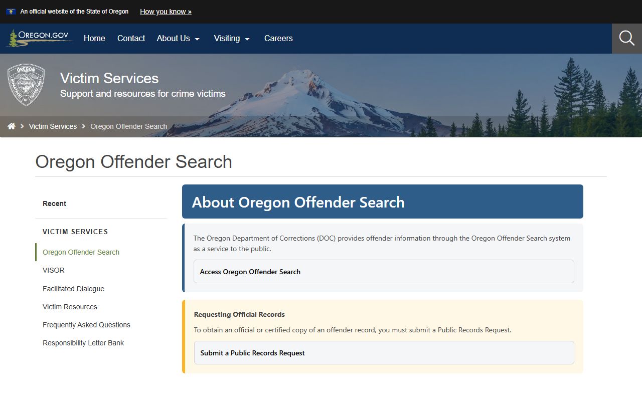 Oregon DOC offender search explanation and records request information