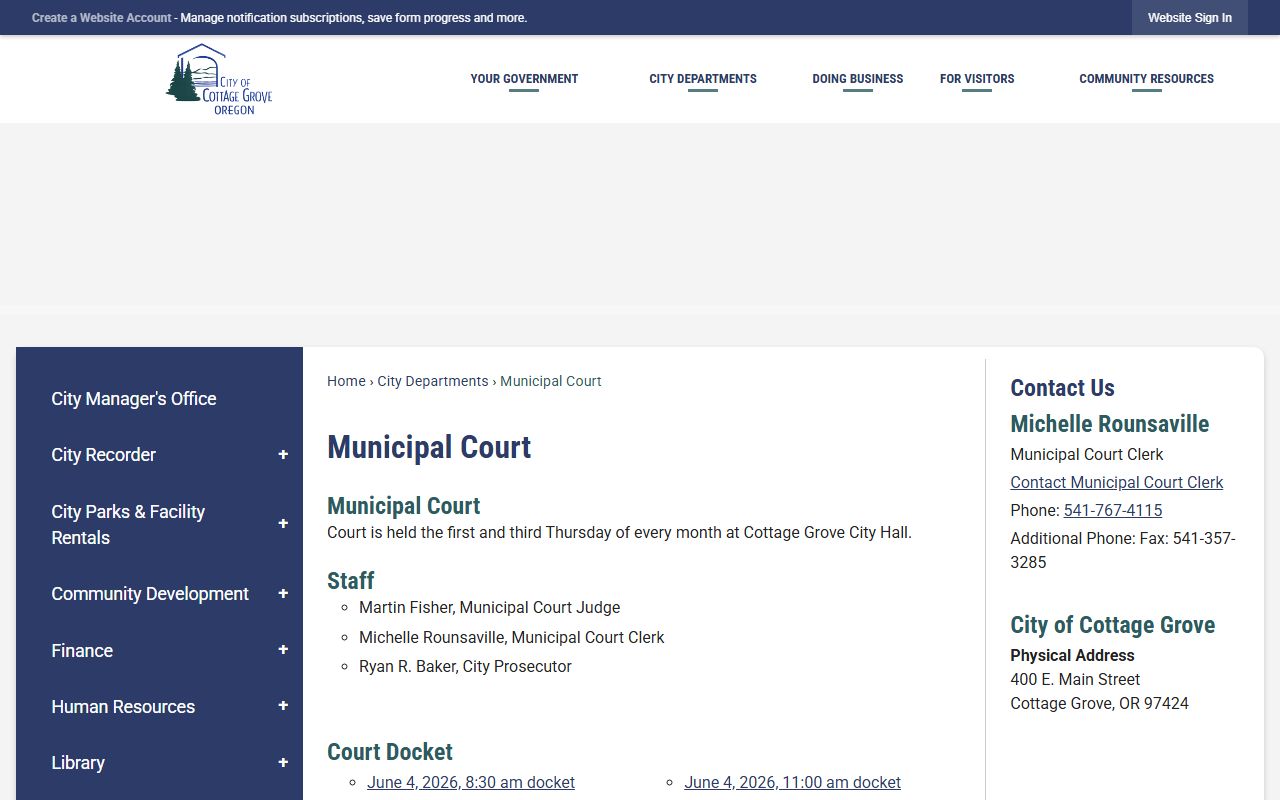 Lane County court dockets Cottage Grove Municipal Court schedule and docket links