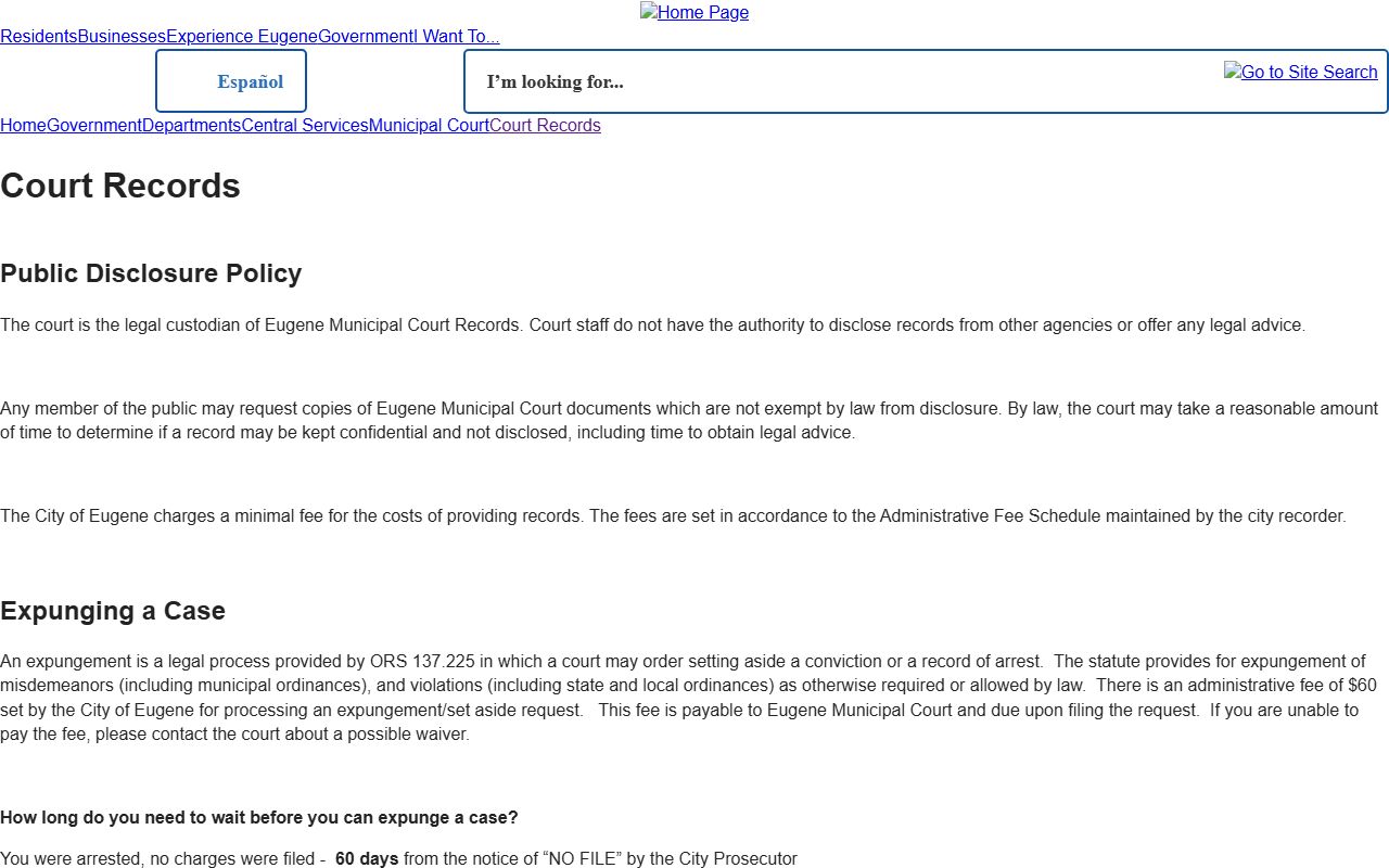 Lane County court dockets Eugene Municipal Court records module