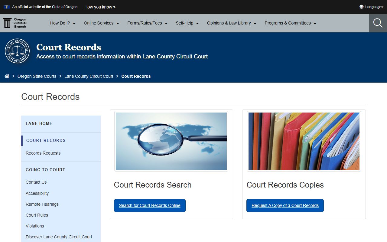 Lane County court records landing page for Circuit Court records