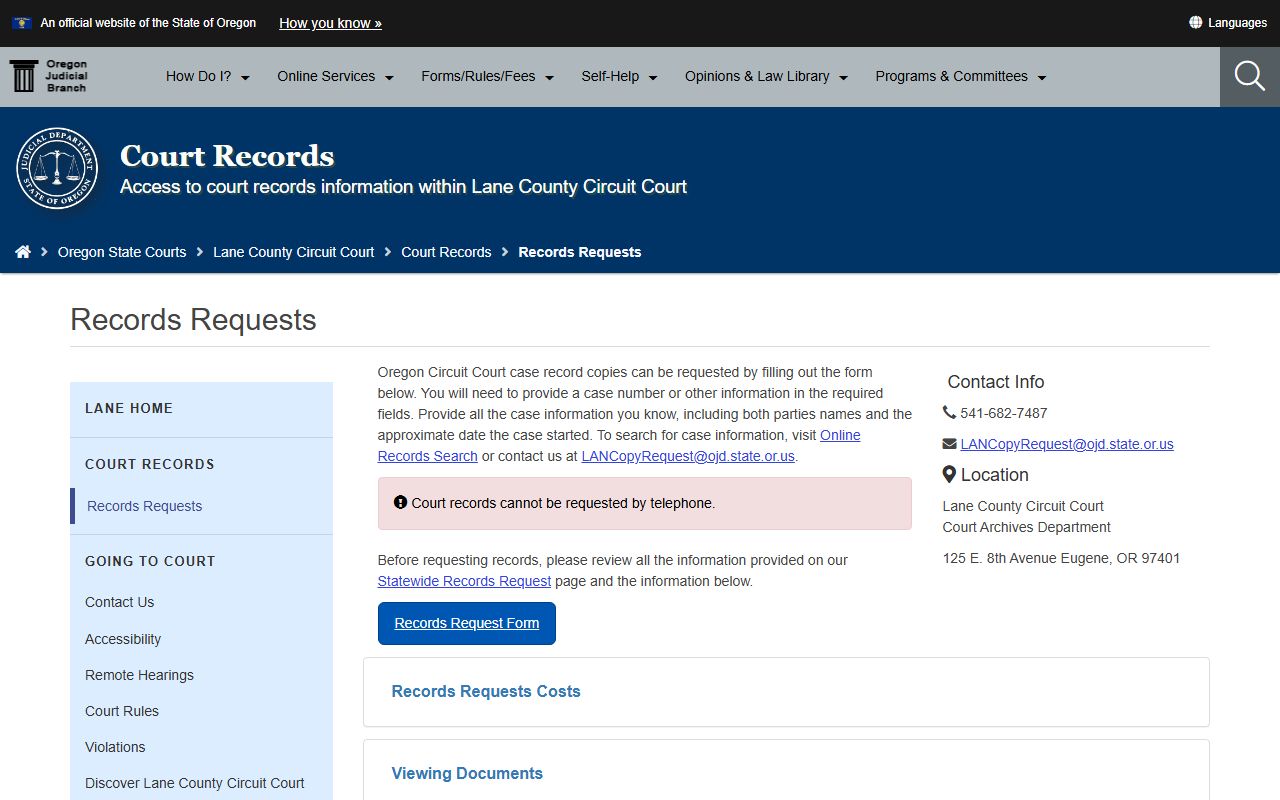 Lane County court records request page for copies and Court Archives