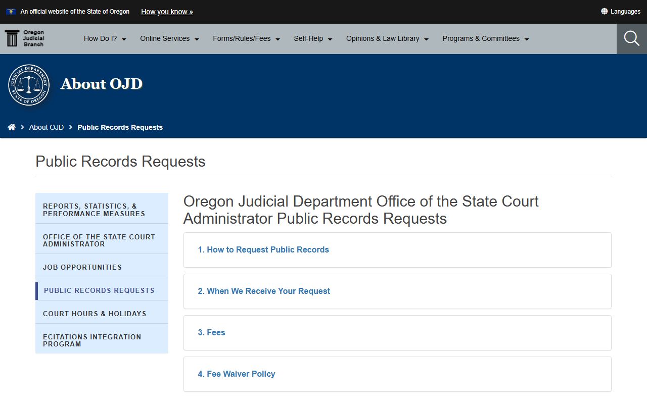 Lane County court records public records request channel through OJD