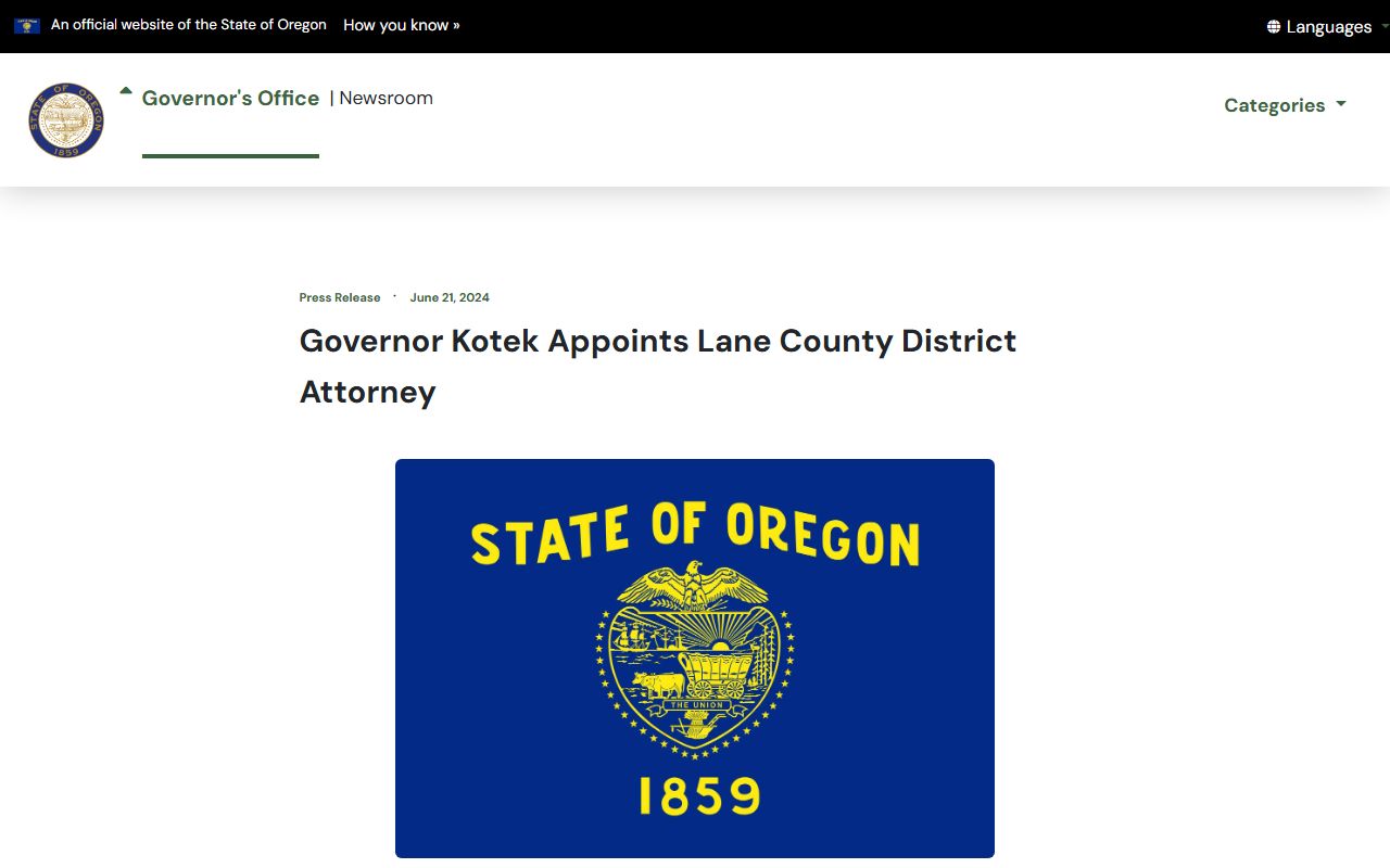 Lane County criminal court records Oregon Governor DA appointment source