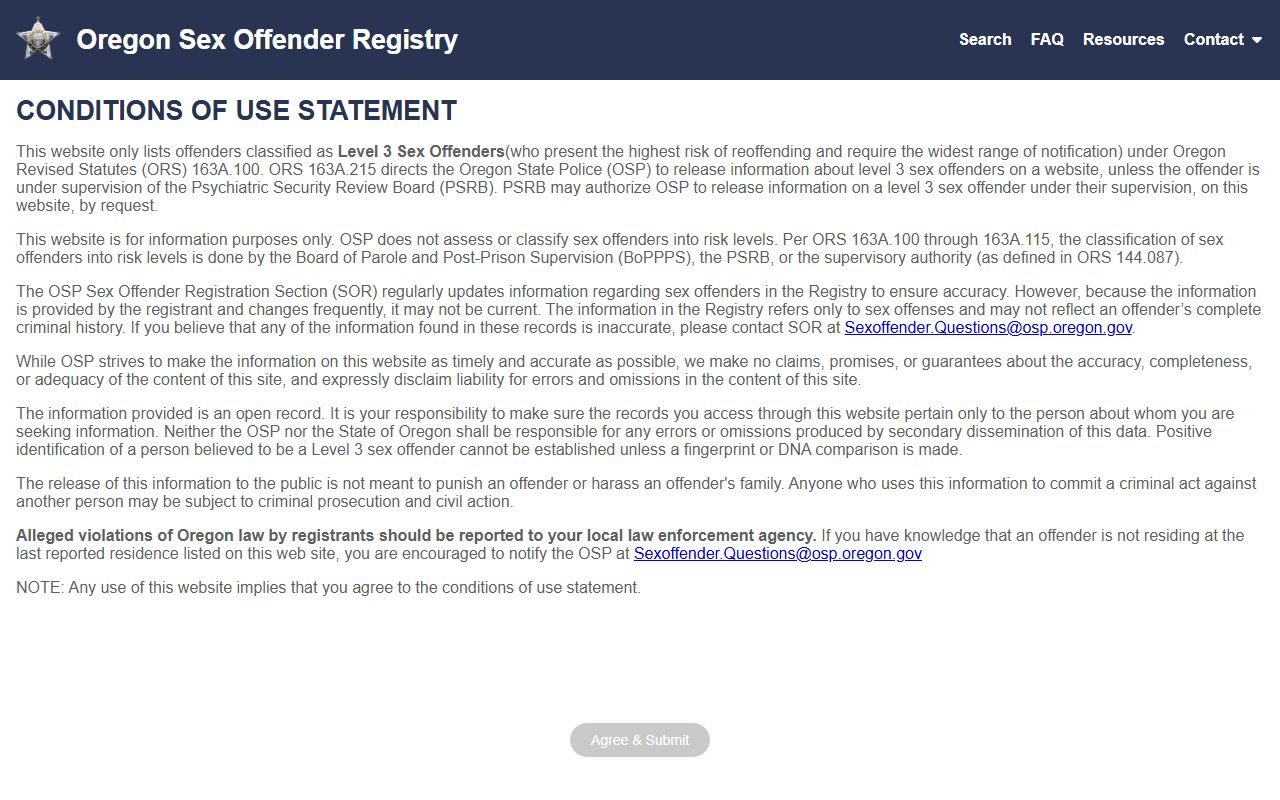 Lane County criminal court records Oregon State Police registry source