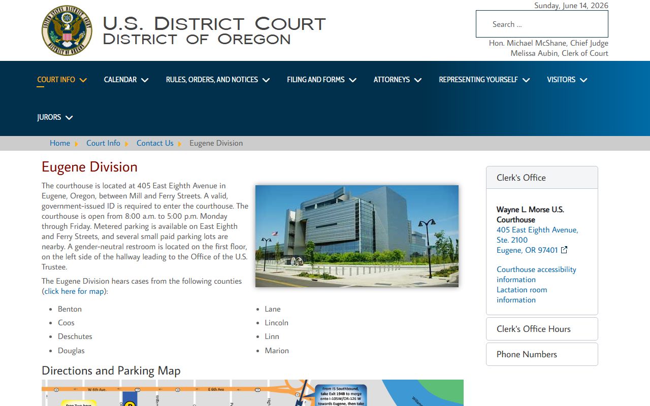 Lane County Circuit Court page distinguishing Eugene federal courthouse