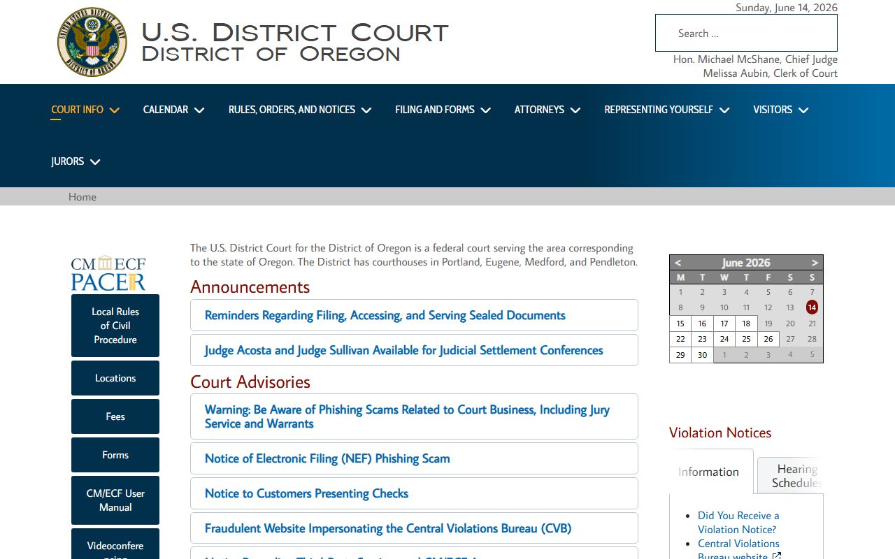 Lane County Circuit Court page distinguishing U.S. District Court for Oregon