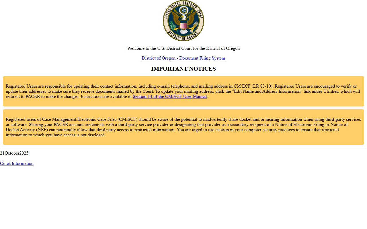 Lane County Circuit Court page distinguishing federal CM ECF system