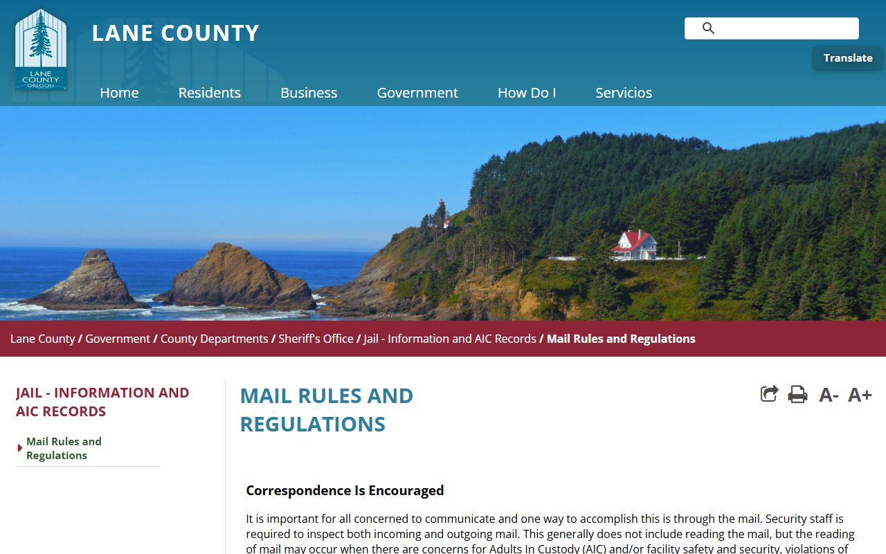 Lane County jail mail rules and regulations page