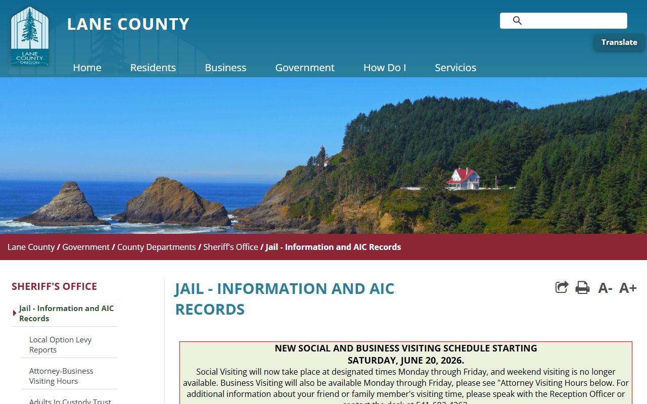 Lane County jail information and inmate records page