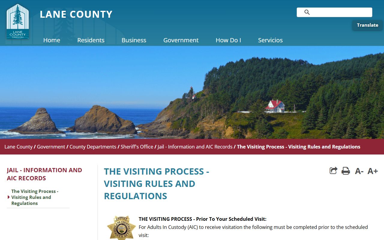 Lane County jail visiting process and rules page