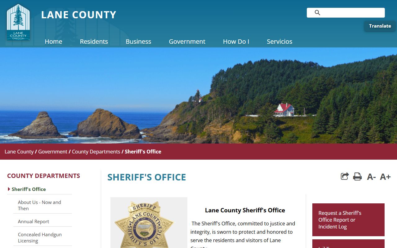Lane County Sheriff Office corrections and public safety page