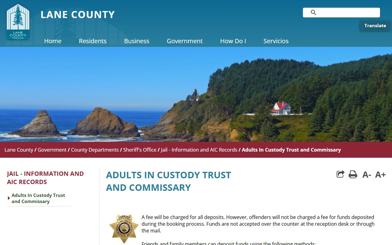 Lane County inmate trust and commissary deposit options