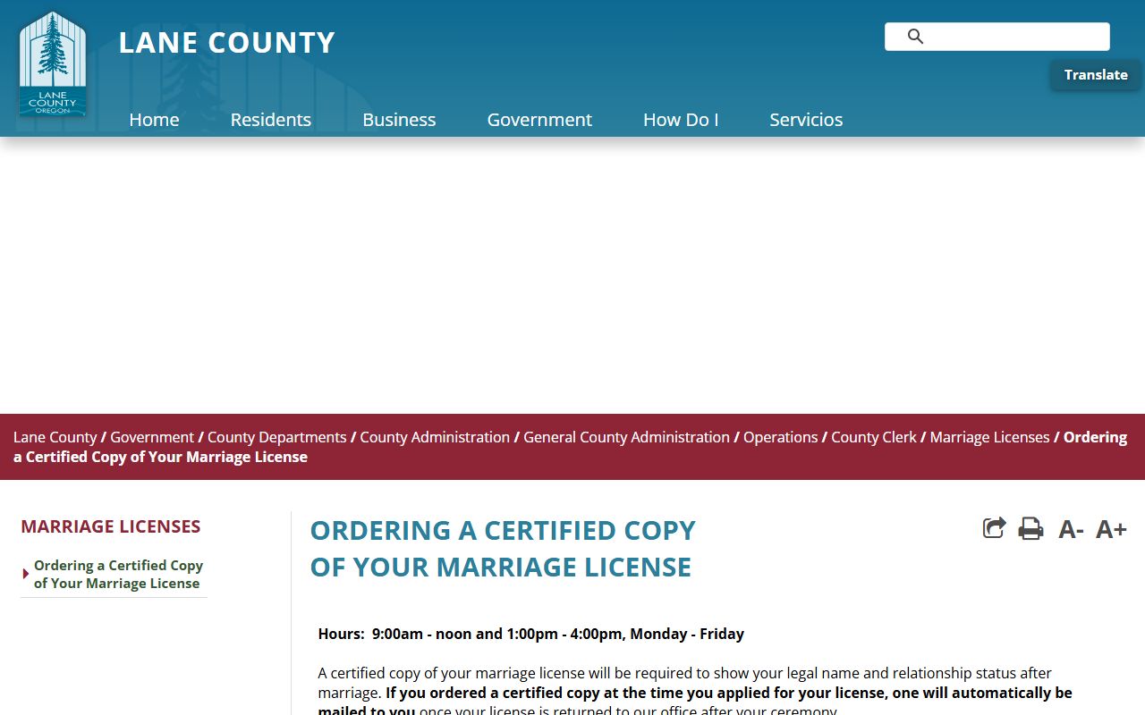 Lane County Clerk certified marriage copy instructions