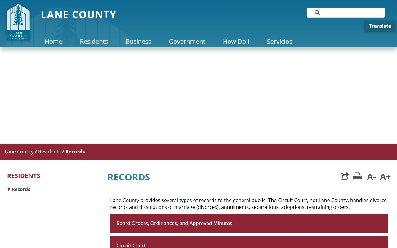 Lane County marriage and divorce records directory showing court and county routing