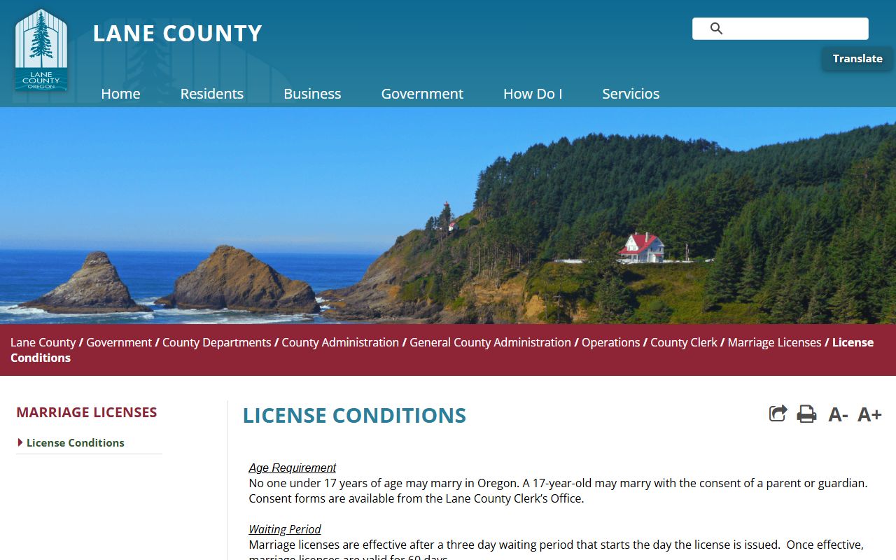 Lane County marriage records license conditions and waiting period waiver