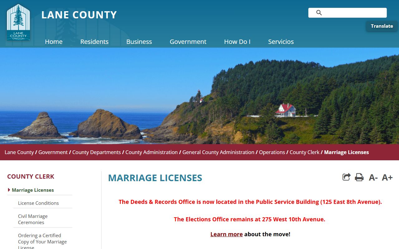 Lane County Clerk marriage license fee and application information