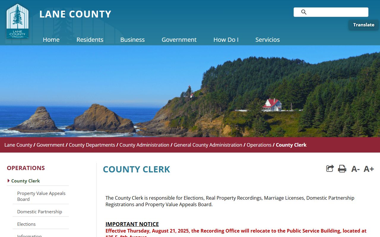 Lane County Clerk Deeds and Records office information