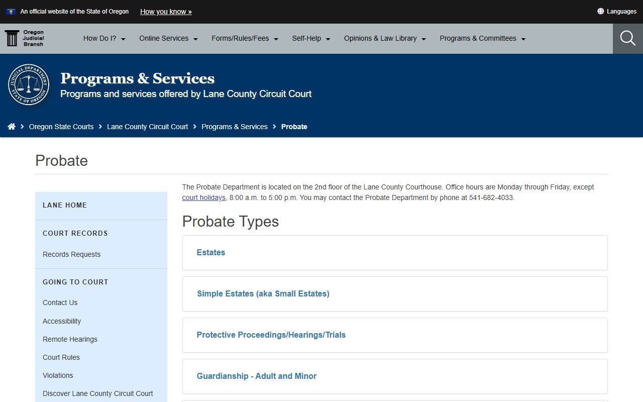 Lane County probate records Probate Department of Lane County Circuit Court