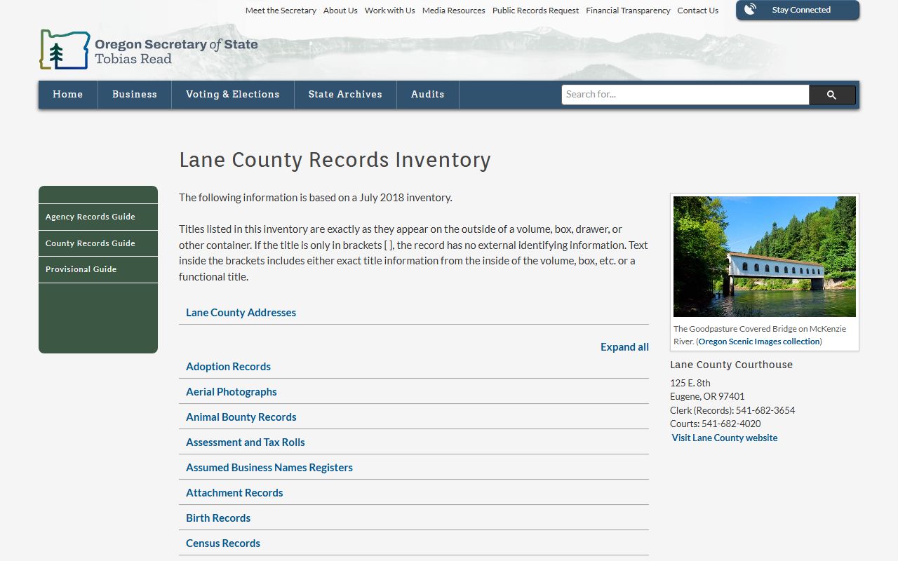 Lane County probate records Oregon Secretary of State records inventory