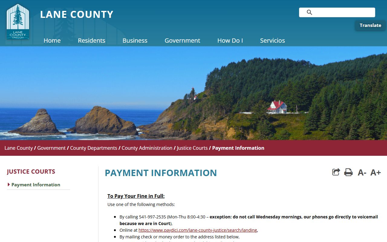 Lane County traffic court records Justice Court payment information