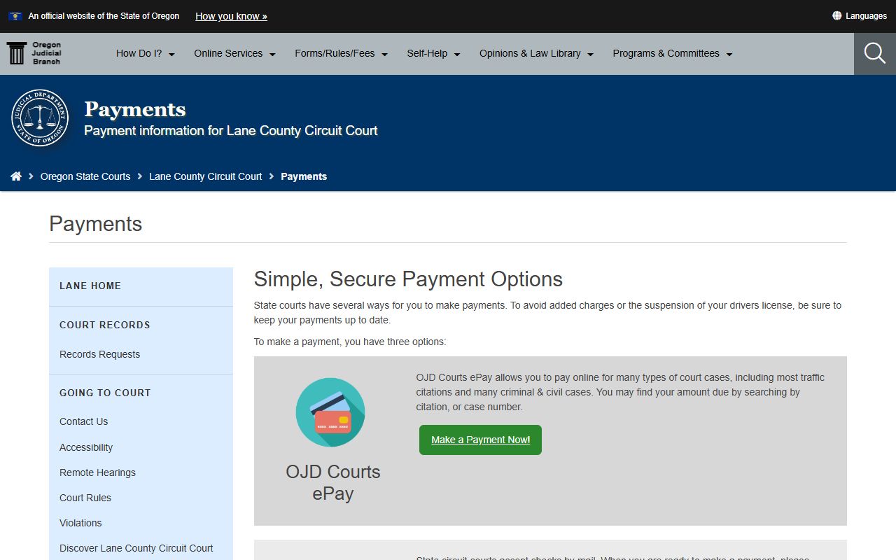 Lane County traffic court records OJD ePay citation lookup
