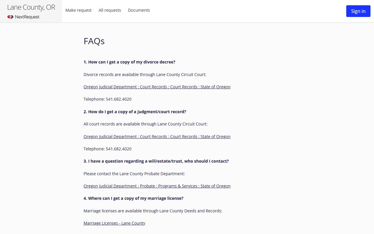 Lane County NextRequest FAQ record-routing information